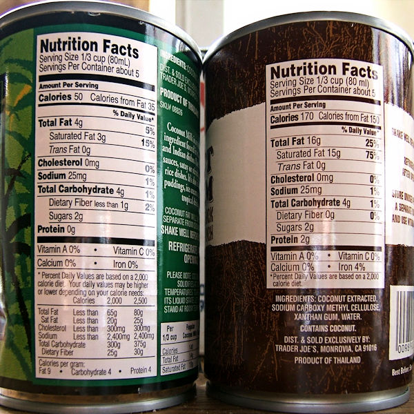 Coconut milk nutrition label